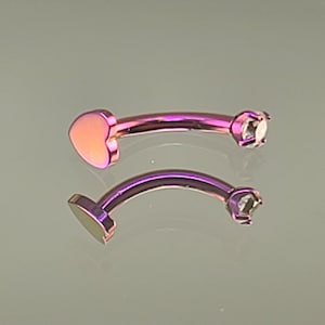 16g Titanium Internal Heart and Gem Curved Barbell Rook Eyebrow Vertical Labret Anodized Fuschia Finish in Photo *Choose Length & Finish*