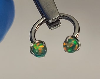 14g Titanium Septum Ring Horseshoe Circular Barbell 5mm Dark Green Faux Opal Claw High Polish Silver (in photo) *Choose Diameter & Finish*