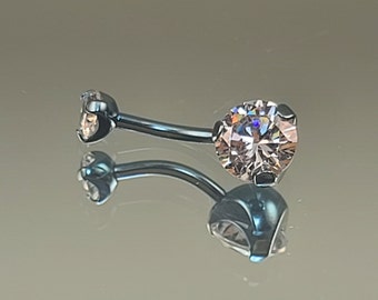 14g Titanium Bright Ice Blue Navel Belly Ring Internal Thread Prong-Set with Clear Gems in 5mm and 8mm *Choose Length*