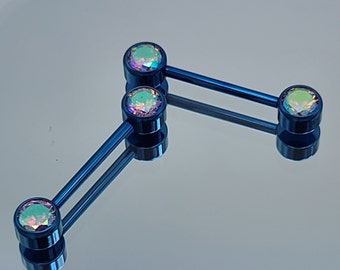 14g Titanium Internally Threaded Barbell Pair w/Forward Facing Gems (5/8" length) Aurora Borealis AB CZ Gems Ice Blue Finish