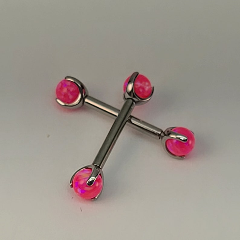 14g Neon Pink Opal Claw End Barbell Titanium Internally Threaded Barbell Pair High Polish Silver Finish in Photo Choose Length & Finish image 3