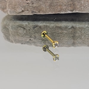 18g Titanium Threadless 2mm Gem Clear CZ Prong Setting with Anodized Yellow Gold Finish in Photo *Choose Finish and Post Length*