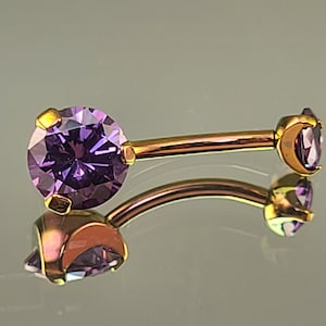 14g Titanium Purple Navel Belly Ring Internal Thread Prong-Set avec 5mm / 8mm Purple Gems 7/16 « Longueur Anodisé Rosey Gold Finish