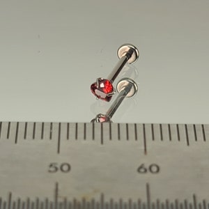 18g Heart Stud Red Gem Heart Stud Threadless Titanium Stud *Choose Anodized Finish and Post Length*