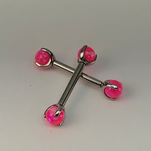 14g Neon Pink Opal Claw End Barbell Titanium Internally Threaded Barbell Pair High Polish Silver Finish in Photo Choose Length & Finish image 8