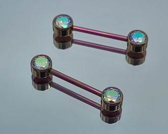 14g Titanium Internally Threaded Barbell Pair w/Forward Facing Gems (5/8" length) AB Cubic Zirconia CZ Gems Rosy Gold Finish