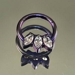 16g Titanium Septum Clicker Daith Ring Clear CZ Gems Hinge Hoop (5/16" 8mm in photo) Diameter Anodized Blurple Blue Purple Finish
