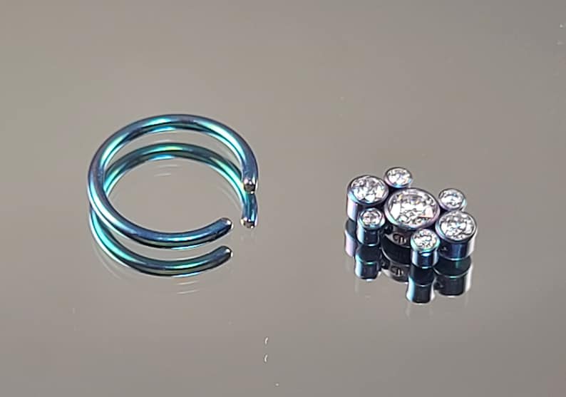 Iridescent Teal Titanium Captive Bead Ring CBR 38 Diameter with 7-Cubic Zirconia Gems Daith Septum 1.2mm 16g