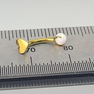 16g Titanium Heart and White Opal Curved Barbell Rook Eyebrow Vertical Labret Anodized Yellow Gold in Photo *Choose Length & Finish*