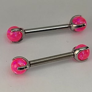 14g Neon Pink Opal Claw End Barbell Titanium Internally Threaded Barbell Pair High Polish Silver Finish in Photo Choose Length & Finish image 4