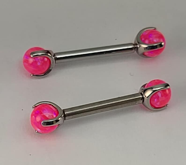 14g Neon Pink Opal Claw End Barbell Titanium Internally Threaded Barbell Pair High Polish Silver Finish in Photo Choose Length & Finish image 4