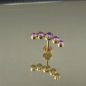 16g (1.2mm) Yellow Gold Titanium 5-Gem Purple CZ Crescent Top & Your Choice of 1/4" or 5/16" Flatback Internal Thread Post Labret