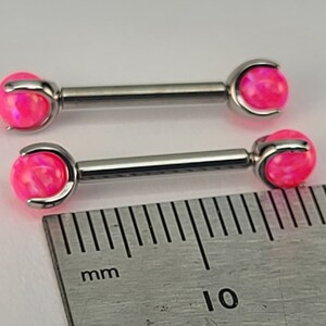 14g Neon Pink Opal Claw End Barbell Titanium Internally Threaded Barbell Pair High Polish Silver Finish in Photo Choose Length & Finish image 2