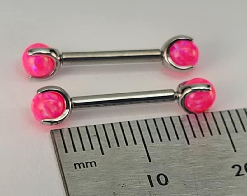 14g Neon Pink Opal Claw End Barbell Titanium Internally Threaded Barbell Pair High Polish Silver Finish in Photo Choose Length & Finish image 2