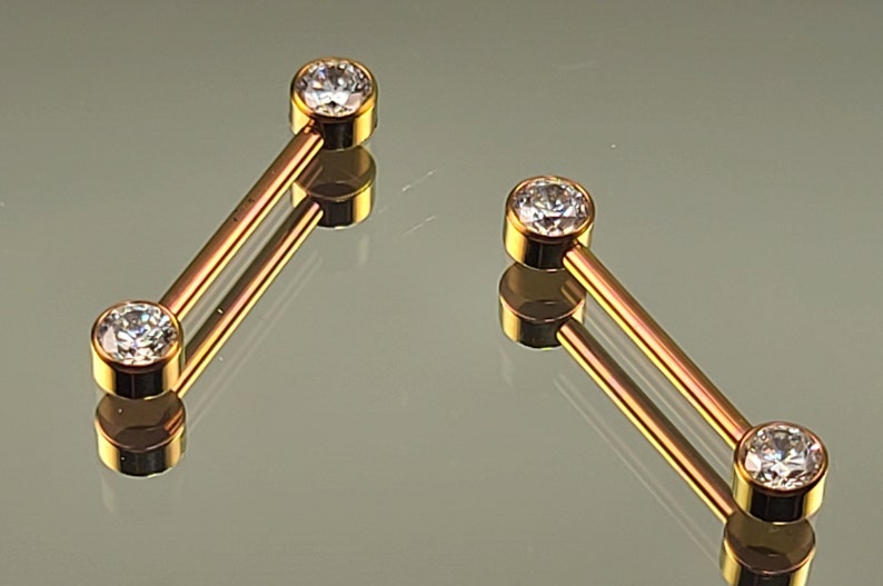 14g 1.6mm Titanium Internally Threaded Barbell Pair w/Forward Facing Gems 5/8 length Anodized Rose Gold Finish Bild 1