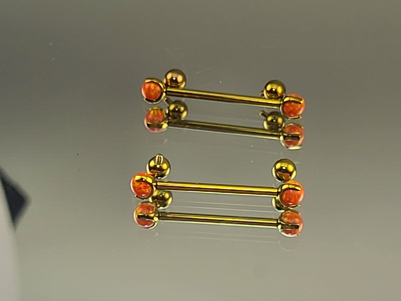 14g 1.6mm Orange Opal Claw End Barbell Titanium Internally Threaded Barbell Pair Anodized Yellow Gold Finish w/4x4mm Balls image 6