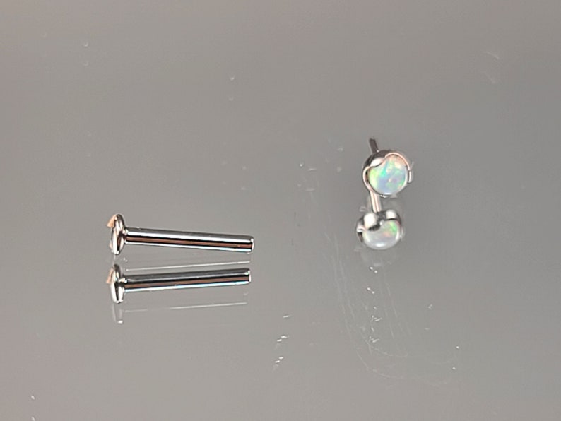 1.0mm Titanium Threadless 3mm White Opal Scoop Setting with your choice 14 18g length flatback post or 516 6mm 8mm