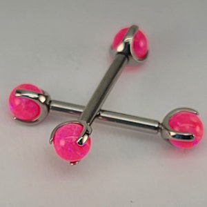 14g Neon Pink Opal Claw End Barbell Titanium Internally Threaded Barbell Pair High Polish Silver Finish in Photo Choose Length & Finish image 1