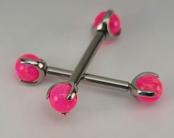 14g Neon Pink Opal Claw End Barbell Titanium Internally Threaded Barbell Pair High Polish Silver Finish in Photo *Choose Length & Finish*