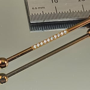 14g (1.6mm) 36mm Titanium Industrial Bar Internal Thread with 10 Clear CZ Gems 4mm Balls Anodized Bronze Finish in Photo *Choose Finish*