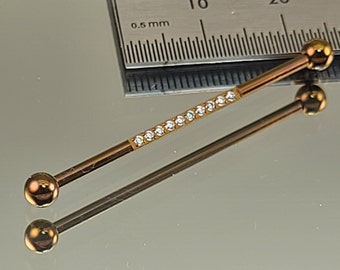 14g (1.6mm) 36mm Titanium Industrial Bar Internal Thread with 10 Clear CZ Gems 4mm Balls Anodized Bronze Finish in Photo *Choose Finish*