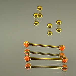 14g 1.6mm Orange Opal Claw End Barbell Titanium Internally Threaded Barbell Pair Anodized Yellow Gold Finish w/4x4mm Balls image 2