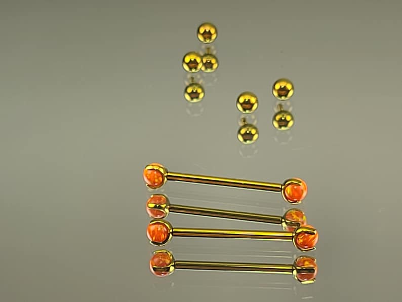 14g 1.6mm Orange Opal Claw End Barbell Titanium Internally Threaded Barbell Pair Anodized Yellow Gold Finish w/4x4mm Balls image 2