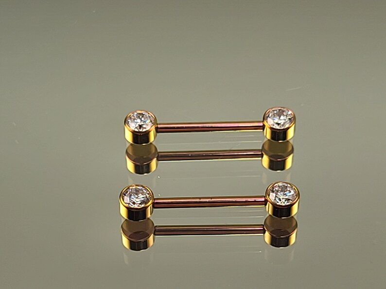 14g 1.6mm Titanium Internally Threaded Barbell Pair w/Forward Facing Gems 5/8 length Anodized Rose Gold Finish Bild 2