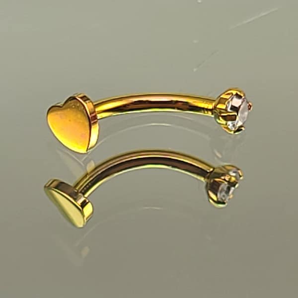 16g Titanium Internal Thread Heart and Gem Curved Barbell for Rook Eyebrow Vertical Labret *Choose Length & Finish Color*