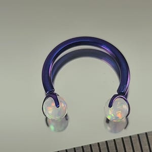 16g Titanium Horseshoe Septum Ring Circular Barbell w/3mm White Opal Claw Gems Anodized Blurple Finish in Photo *Choose Finish & Diameter*