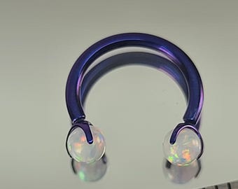16g Titanium Horseshoe Septum Ring Circular Barbell w/3mm White Opal Claw Gems Anodized Blurple Finish in Photo *Choose Finish & Diameter*