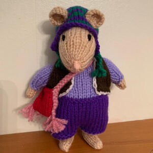 May include: A knitted mouse wearing a purple and green striped hat, a purple sweater vest, purple pants, and a pink scarf. The mouse is holding a red bag.