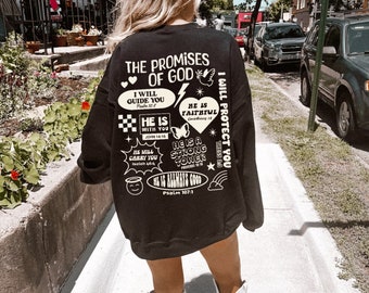 May include: Black long-sleeve sweatshirt with white text and graphics. The text includes "The Promises of God" and several bible verses.