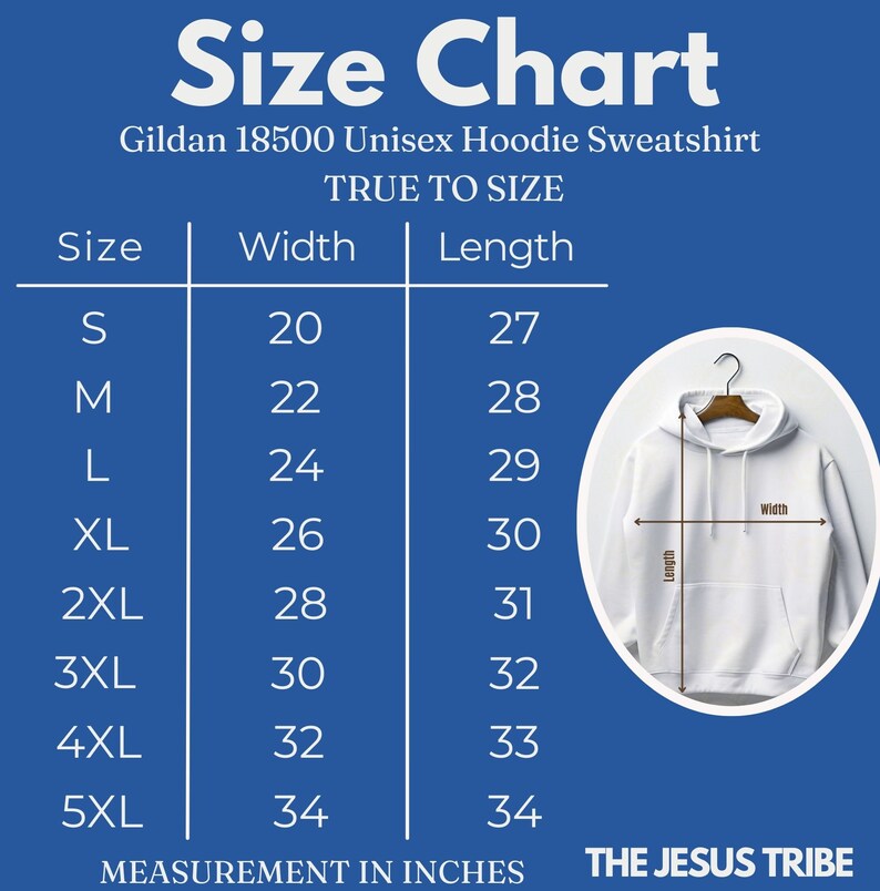 May include: A size chart for a Gildan 18500 unisex hoodie sweatshirt, with measurements in inches. The chart includes sizes S to 5XL, with corresponding width and length measurements. A white hoodie is shown on a hanger. The text "TRUE TO SIZE" is also visible.