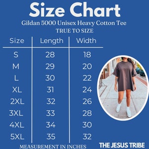 May include: Size chart for a Gildan 5000 Unisex Heavy Cotton Tee. The chart shows measurements in inches for sizes S through 5XL. The chart includes length and width measurements.