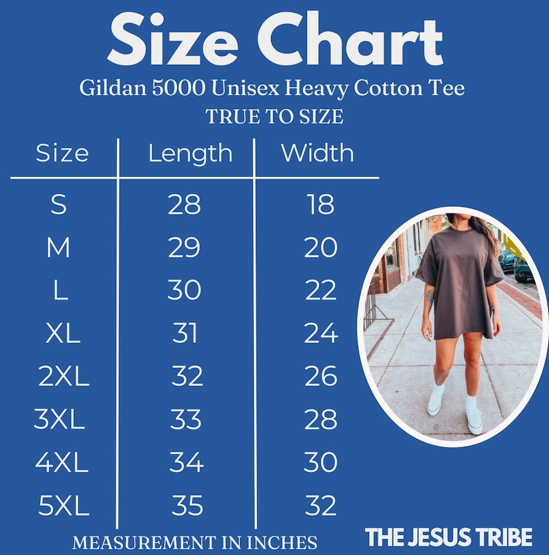 May include: Size chart for a Gildan 5000 Unisex Heavy Cotton Tee. The chart shows measurements in inches for sizes S through 5XL. The chart includes length and width measurements.