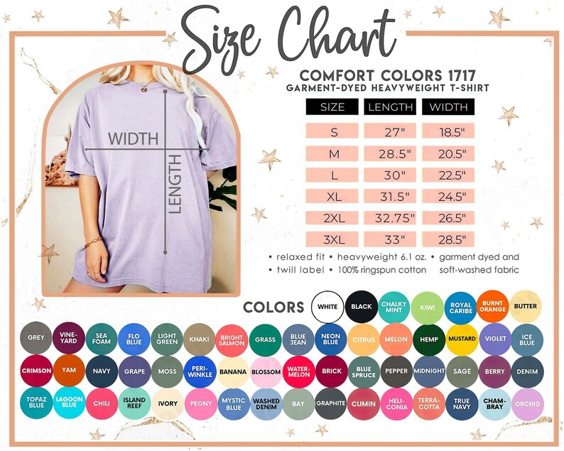 Puede incluir: Tabla de tallas para una camiseta de peso pesado te&ntilde;ida en prenda Comfort Colors 1717. La tabla muestra las tallas S a 3XL con las medidas de longitud y ancho correspondientes en pulgadas. La tabla tambi&eacute;n enumera los detalles de la tela: ajuste relajado, peso pesado 6,1 oz, 100 % algod&oacute;n peinado, te&ntilde;ido en prenda y tela lavada en suave. Debajo de la tabla hay una tabla de colores con 36 opciones de colores diferentes.