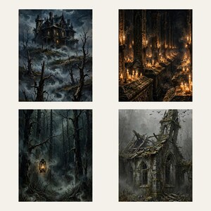Peut inclure: Un ensemble de quatre impressions d'art numérique représentant des scènes sombres et atmosphériques : un manoir gothique sur une colline brumeuse, une salle en pierre remplie de bougies allumées, une forêt sombre avec une lanterne et une église en ruine.