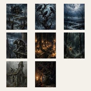 May include: A collection of eight dark, atmospheric art prints featuring gothic imagery including a haunted mansion, ravens on a tree, a moonlit forest, a stone gargoyle, a candlelit hall, a lantern in the woods, a ruined church, and a vase with roses.