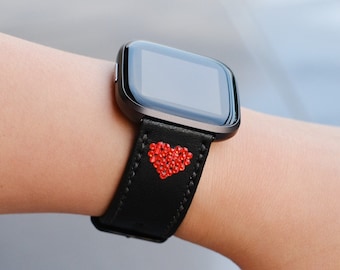 Handmade Leather Fitbit Band with Swarovski Crystal Heart