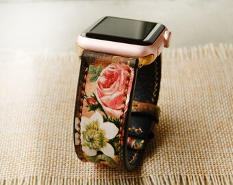 Flower Strap Apple Watch Band 38mm 40mm Series 6 Series 5 Series 4 Series 3 Series 2 Series 1, 38mm,40mm,42mm,44mm, Handmade Leather