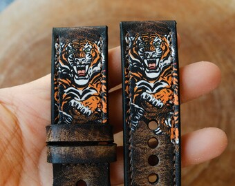 Handmade Leather Fitbit Versa Band, Tiger Print Strap