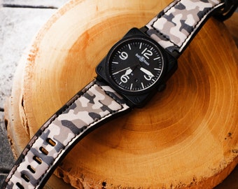 Handmade White Camo Leather Watch Strap for Bell & Ross