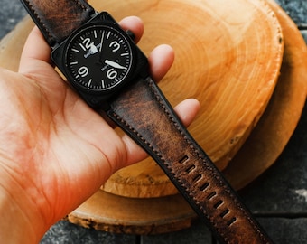 Handmade Brown Leather Watch Strap for Bell & Ross BR 01, 02, 03