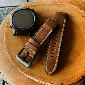 Crazy Horse Cowhide Chestnut White Stitching Leather Strap for Garmin