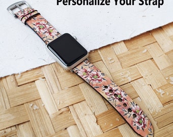 Handmade Leather Apple Watch Band, Floral Design, Series 1-7