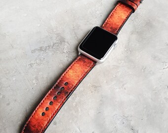 Orange Vintage Apple Watch Band, Handmade Cowhide Leather