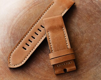 Leather Band Crazy Horse Cowhide Tan Brown For Panerai with Cream Sitching Leather Material