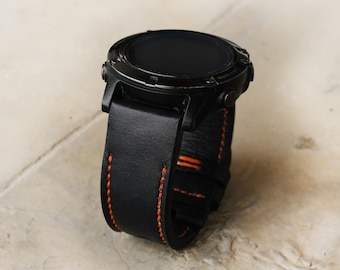 Zwart leren Garmin-horlogeband met oranje stiksel