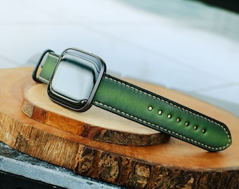 Handmade Green Leather Fitbit Band, Vintage Style